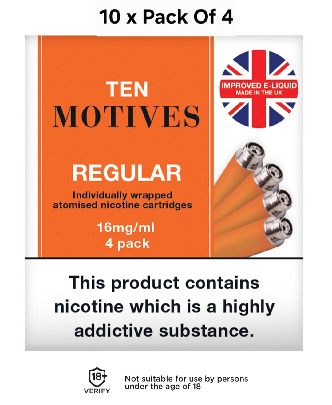 10 x Pack Of 4 Tabacco 16mg Cartridges For Ten Motive Pens